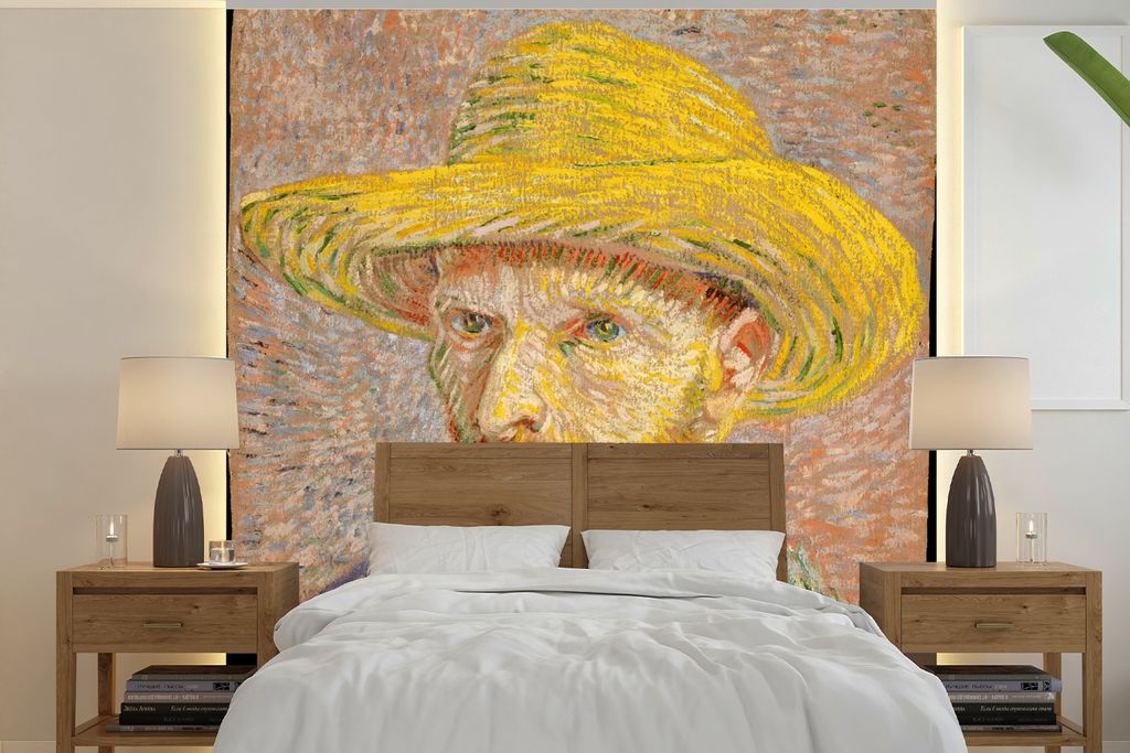 MuchoWow Fototapete für Wohnzimmer oder Schlafzimmer Wandtapete Vinyl Motivtapete Selbstbildnis mit Strohhut - Vincent van Gogh - 280x280 cm - H...