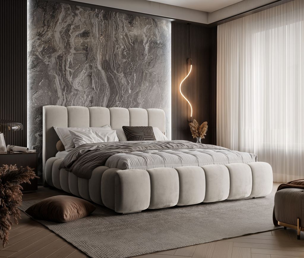 Modernes Polsterbett TOKIO Farbe Beige ,Magic Velvet 2201, Schlaffläche 140 cm x 200 cm ,Bett mit gepolstertem Kopfteil, Design-Bett mit Bettkasten