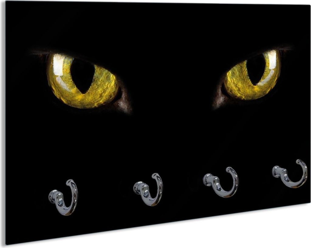 Wallario Schlüsselbrett aus Glas, Motiv: Gelbe Katzenaugen bei Nacht, 30 x 20 cm mit 4 Haken