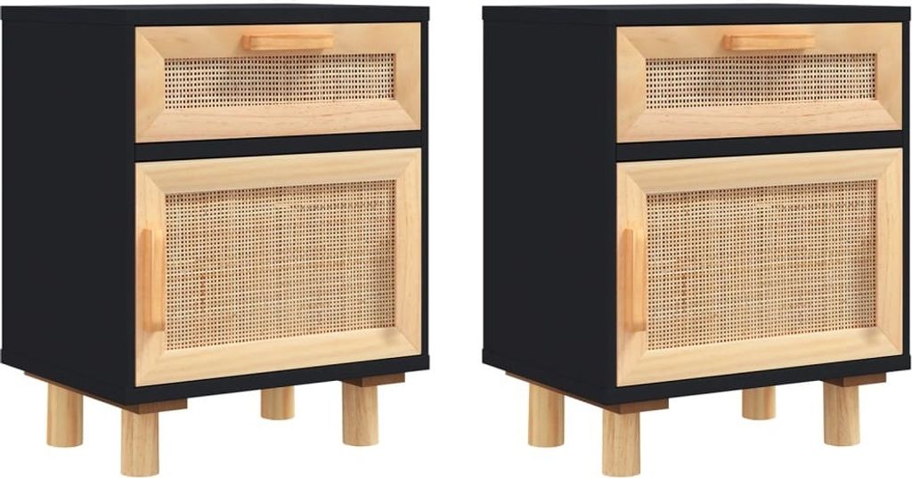 Nachttische 2 Stk. Schwarz Massivholz Kiefer und Natur-Rattan