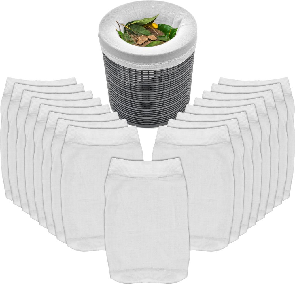 A set of white mesh skimmer socks and a skimmer basket filled with debris.