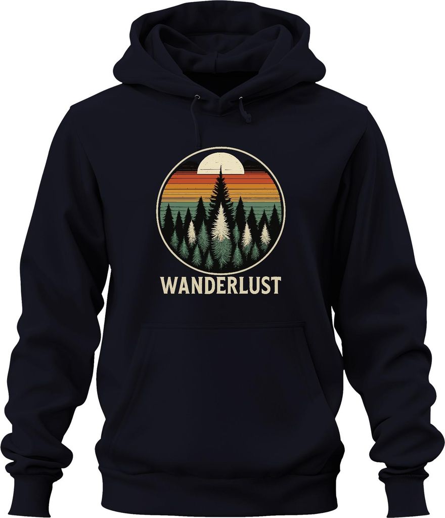 Wanderlust Retro Sonnenuntergang Wald Tannen Camping Wandern Uni Hoodie Kapuzenpullover, Navy, XL