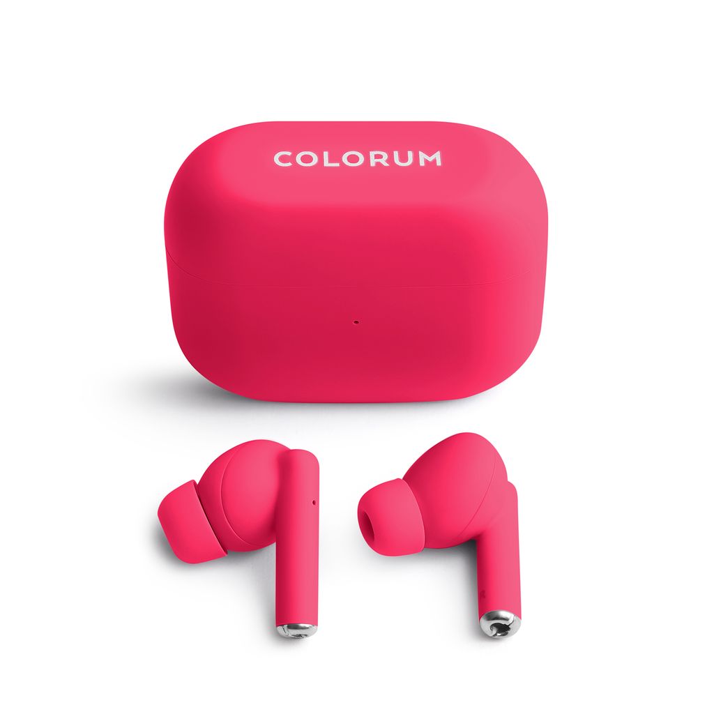 A pair of pink wireless earbuds and their charging case are displayed against a white background.