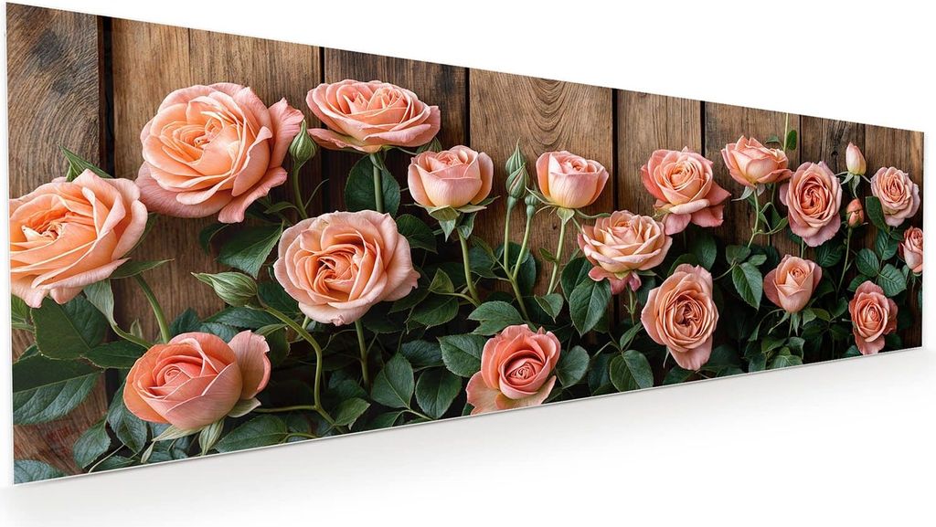 Glasbild 120x40cm in XXL für Wohnzimmer, Schlafzimmer Motiv Rosen Holzhintergrund
