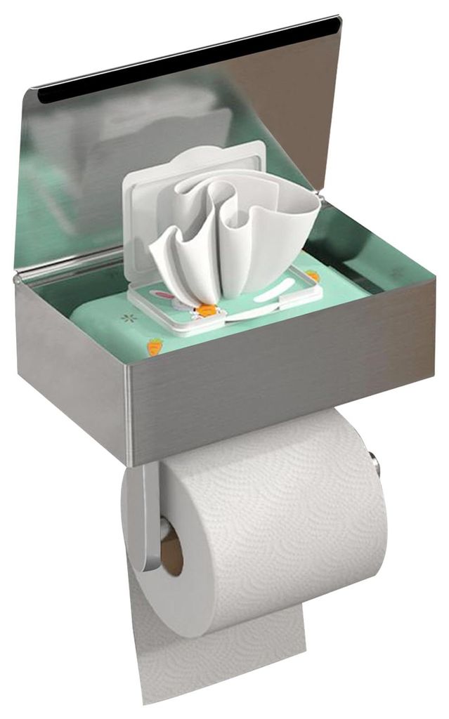 Toilettenpapierhalter ohne Bohren, silberfarbener Edelstahl, mit Fach für Feuchttücher, mit Ablage, großes Modell für Küche und Bad.