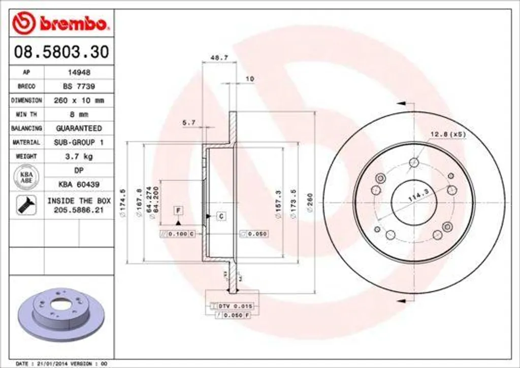 Disque de frein Brembo 08.5803.30 pour Honda Civic VII OE 42510S5TE00