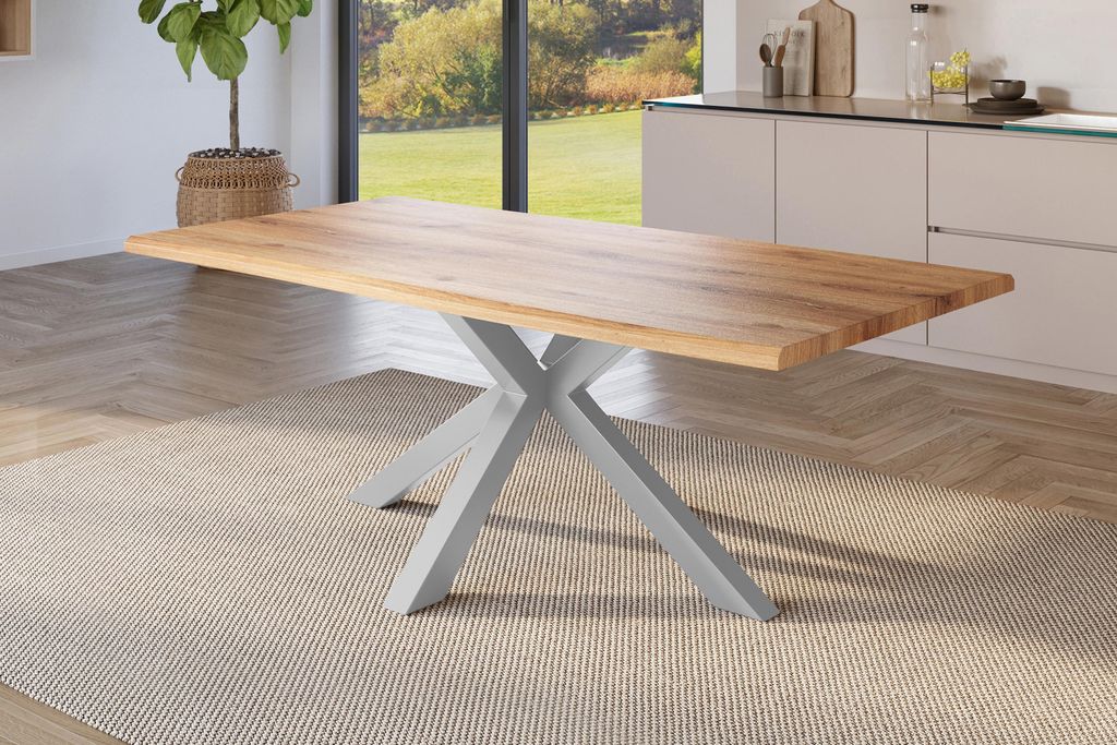 Esstisch Baumkante Holz-Optik Wildeiche 220 x 100 Spider-Gestell silber JULIUS