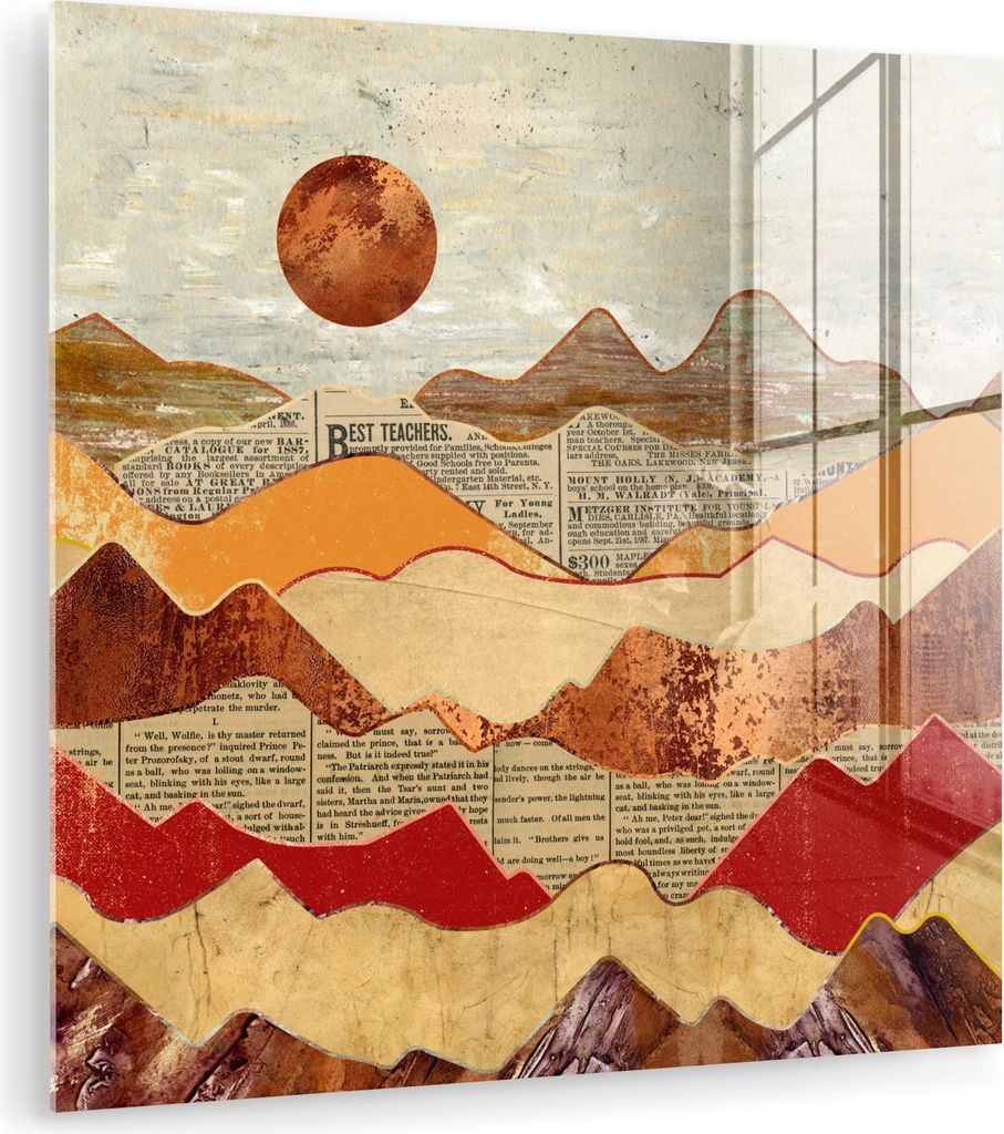 MuchoWow Glasbilder - Bilder auf Wandbild - Foto auf Glas Vintage - Zeitung - Bronze - Abstrakt - Landschaft - Farben 50x50 cm Wanddekoration aus G...