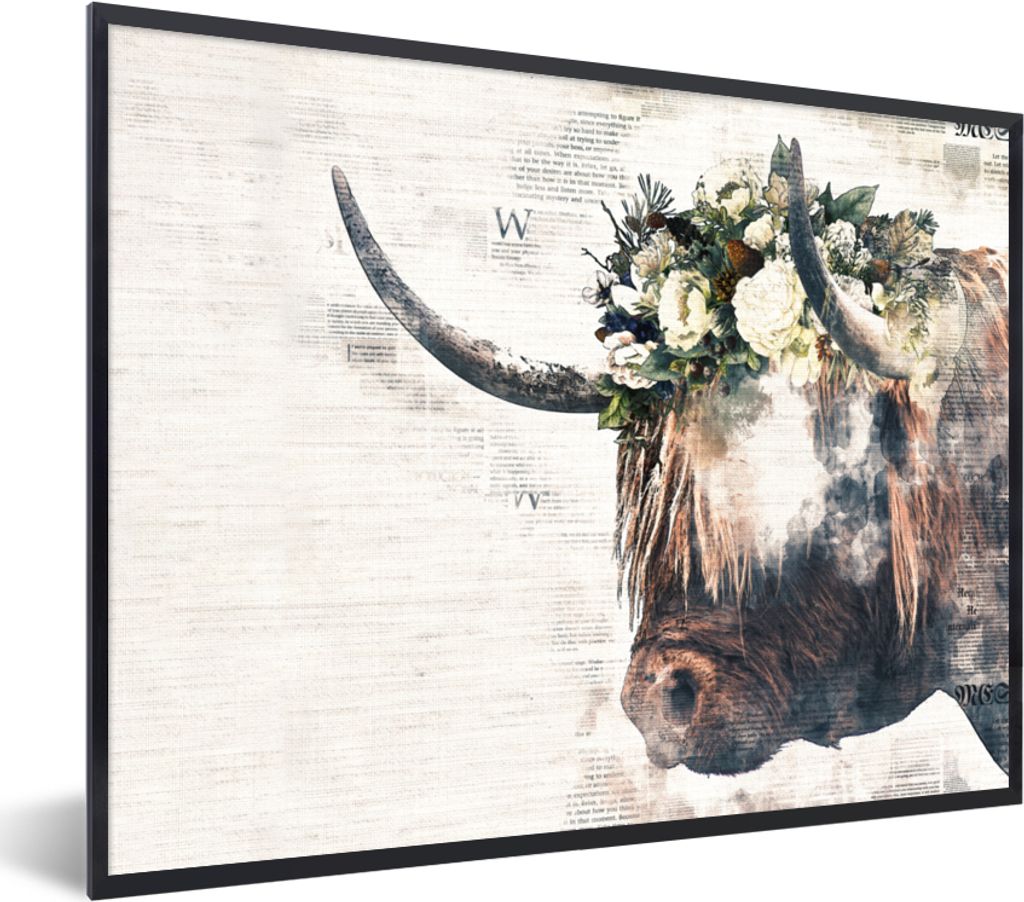 MuchoWow Gerahmtes Poster Schottischer Highlander - Rauch - Blumen 80x60 cm - Poster mit Schwarzem Bilderrahmen Wandposter Rahmen Foto Bilder - S...