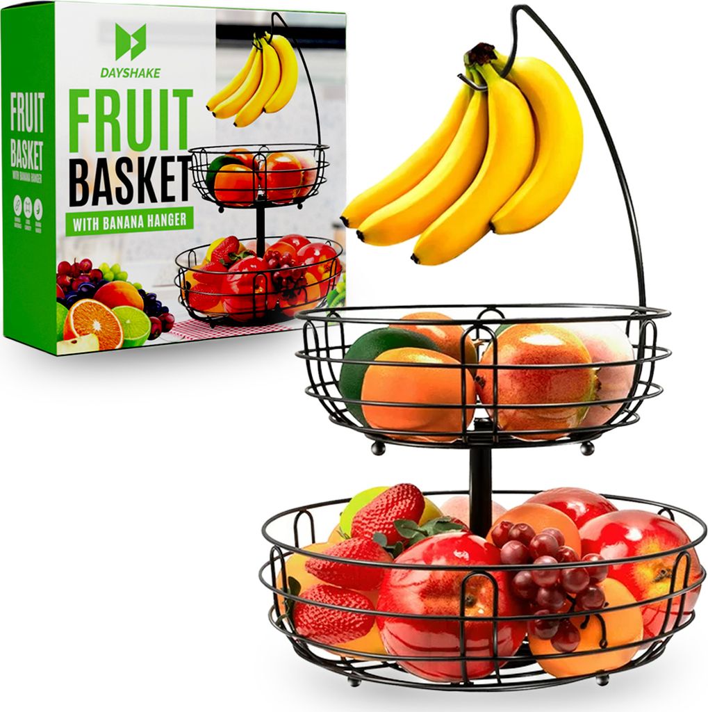 Dayshake Obstschale mit Bananenaufhänger - Runder Obstkorb Schwarz - 2-stöckige Etagere