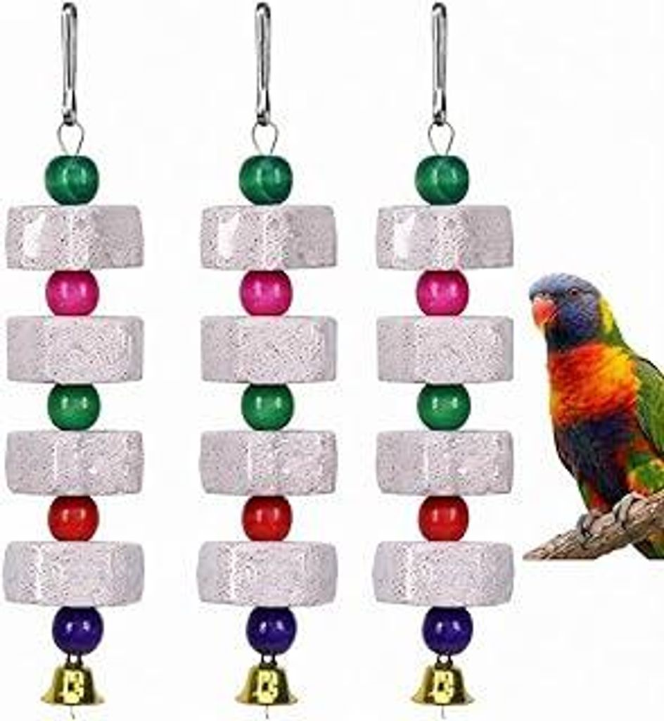 3 Stück Vogel Kauspielzeug,Mineralstein-Backenzahn Vogelspielzeug mit Glocke,Natur aus ungiftig für Papageien,Kakadus und Sittiche