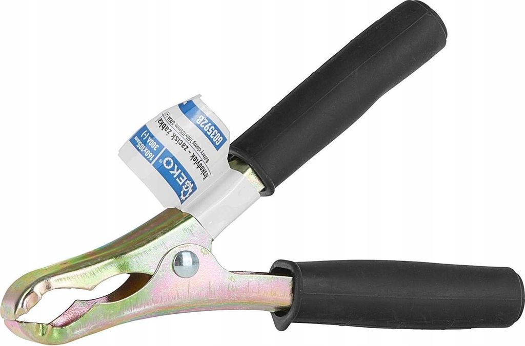 A close-up shot of a battery clamp with a label attached.