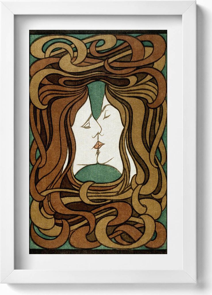 Illustration von zwei sich küssenden Frauen– Wandbild mit Rahmen – Gerahmtes Bild – Wanddekoration – 20x30 cm – Weiß