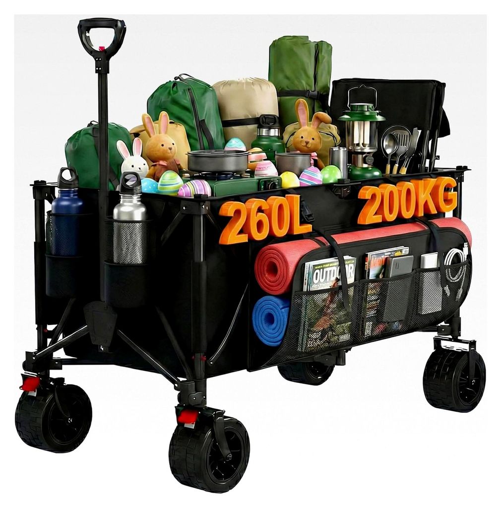 260L Faltbarer Bollerwagen, Tragkraft 200 kg, mit Bremse, Verstellbarem Griff, Klappbarer Einkaufstrolley mit 3 Staufächern, für Strand, Camping ...