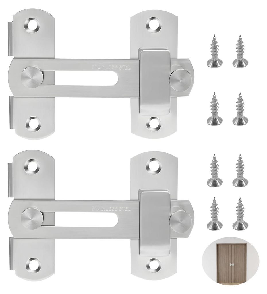 2 Türschlösser aus Edelstahl, Schiebetürschloss, Riegel, verschraubtes Türschloss, Gartentorschloss, Fenstertürschloss, Schlafzimmer