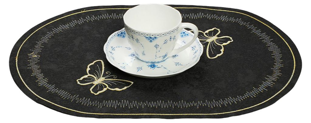 Tischset aus Leinen mit Schmetterlingsstickerei, oval, hitzebeständig, fleckenabweisend, Essbesteck