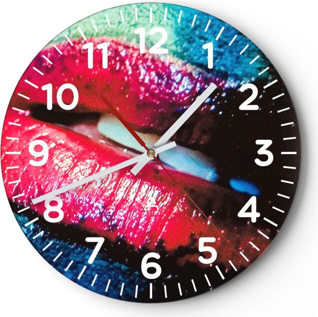 Wanduhr - Rund - Glasuhr - Lippen Gesicht Frau - 30x30cm - Schleichendes Uhrwerk - Lautlos - zum Aufhängen bereit - Dekoration Modern - Wanddekora...