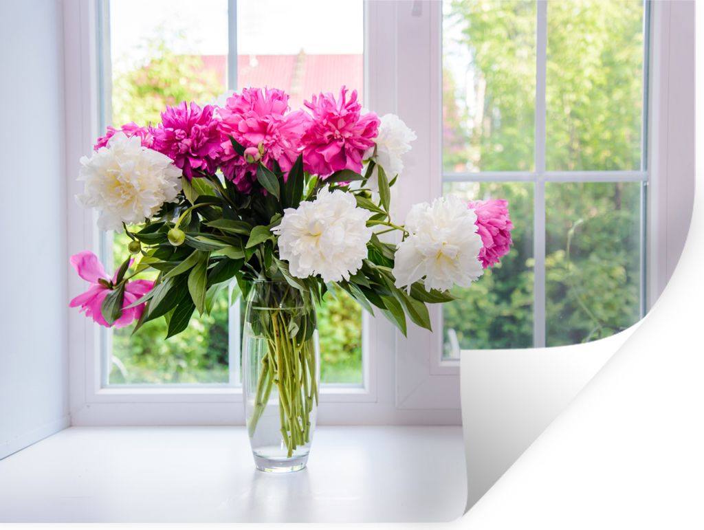 MuchoWow Wandtattoo Wandsticker Wandaufkleber Blumen - Pfingstrosen - Vase 120x90 cm Selbstklebend und Repositionierbar - Aufkleber