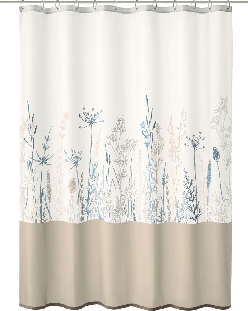 A shower curtain with a botanical print.