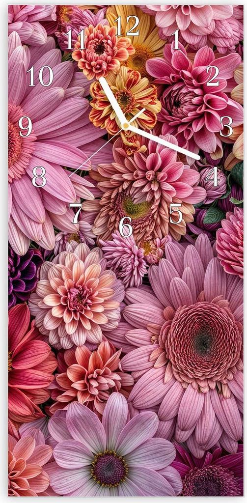 Wanduhr aus Glas mit Motiv Bunte Blumenpracht- 30 x 60 cm - inkl. Aufhängesystem