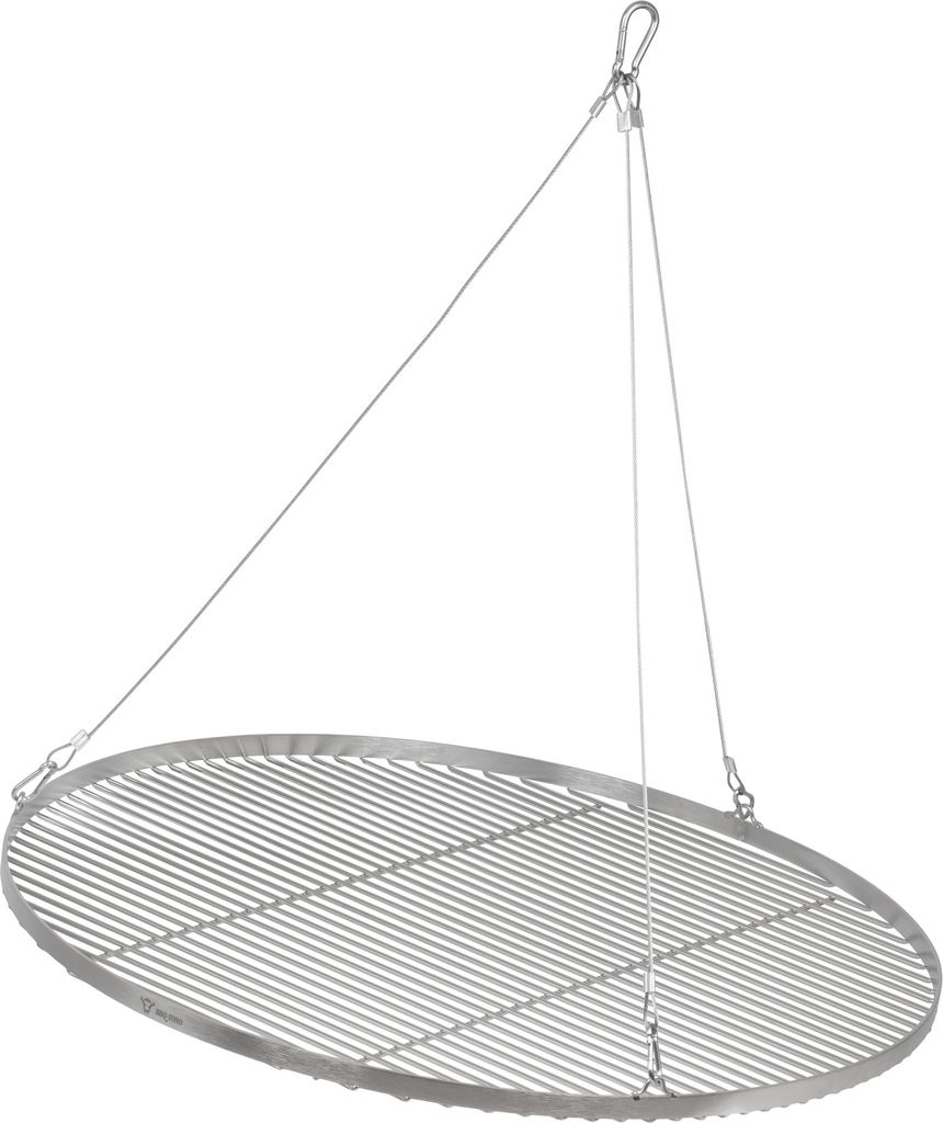 A round metal grill grate suspended by wires against a white background.