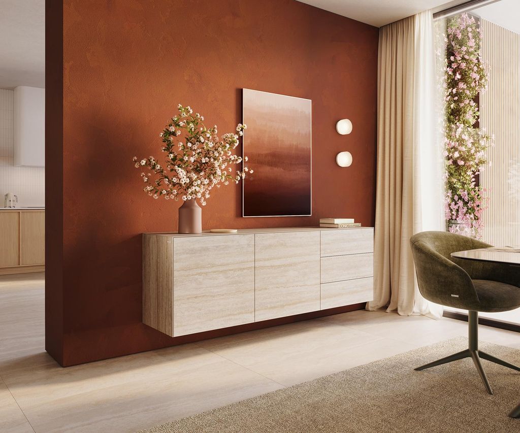DELIFE Sideboard Cuor 180 cm Keramik Laminam Travertino Bianco Creme-Weiß 2 Türen 3 Schubfächer Schwebend