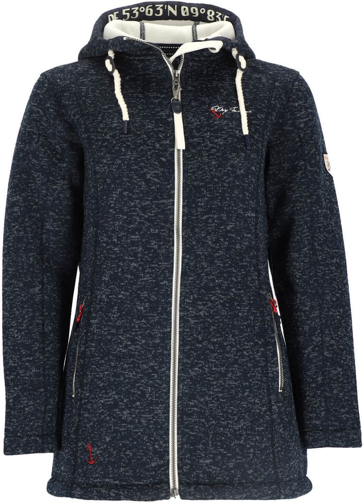 Dry Fashion Damen Wollfleece-Mantel Amsterdam mit taillierten Schnitt - Fleecemantel mit verstellbarer Kapuze in Navy Melange Größe 50