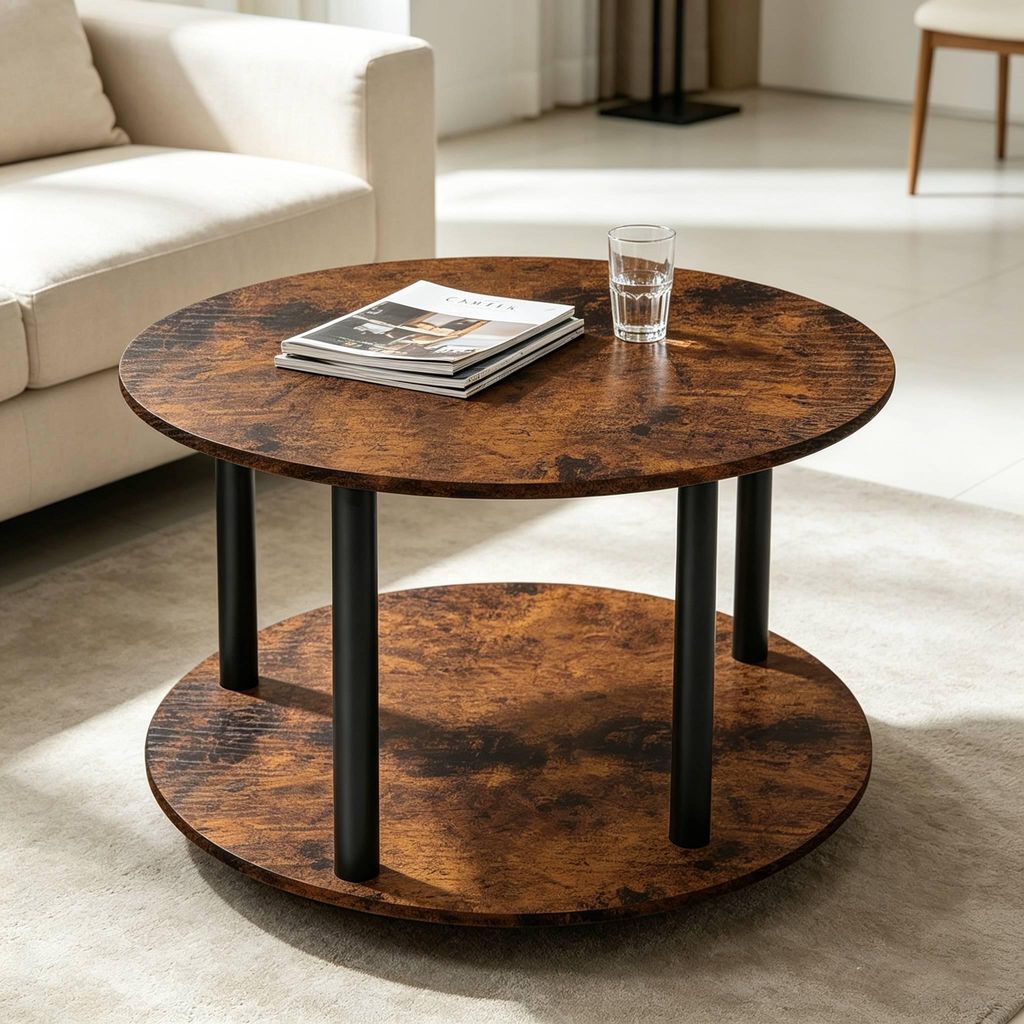 Runder Couchtisch aus Holz auf Rollen,2 Ebenen Kleiner