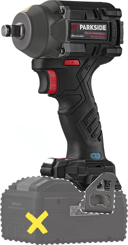 A black and gray cordless impact wrench with a red trigger, shown attached to a battery pack.