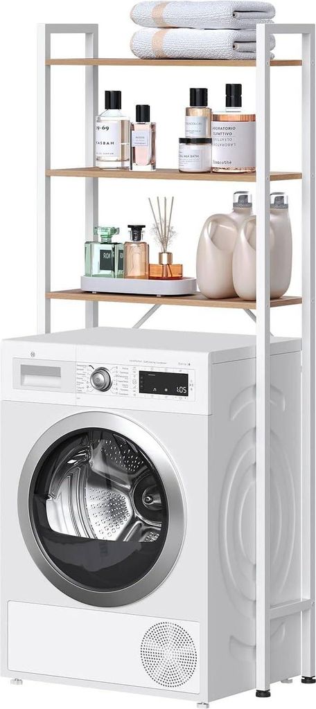 EUGAD Waschmaschinenregal mit 3 Ablagen, Toilettenregal Badezimmerregal , helle Eiche + Weiß