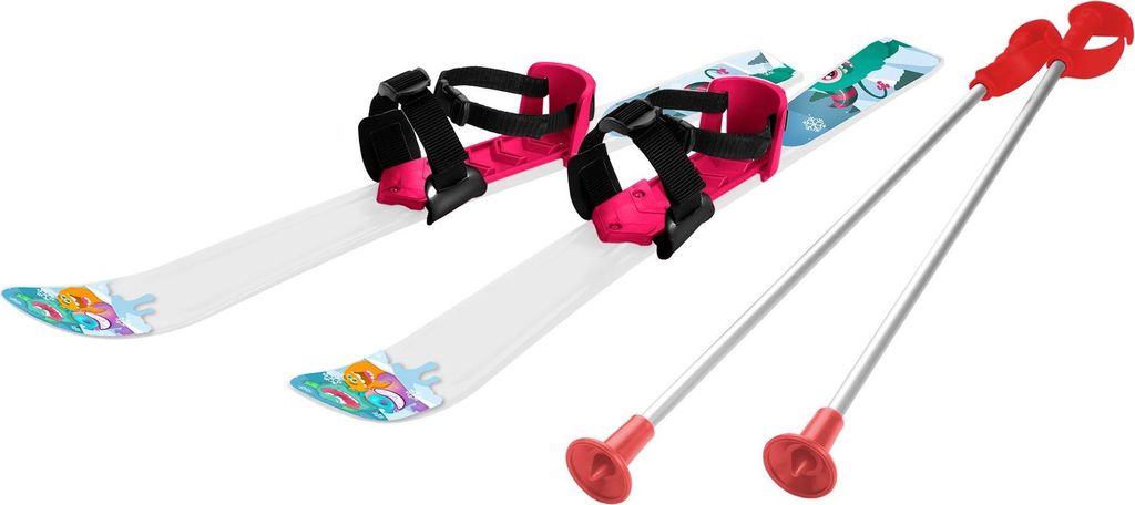 A pair of children's skis and ski poles against a white background.