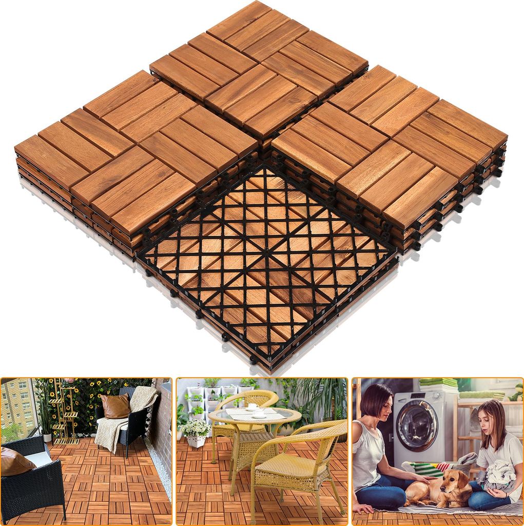 Bettizia 7m²Holzfliesen Terrassenfliesen Holz Fliesen Mosaik 30x30 cm Balkonfliesen wetterfest aus Akazienholz mit Klicksystem für Terrasse Balko...
