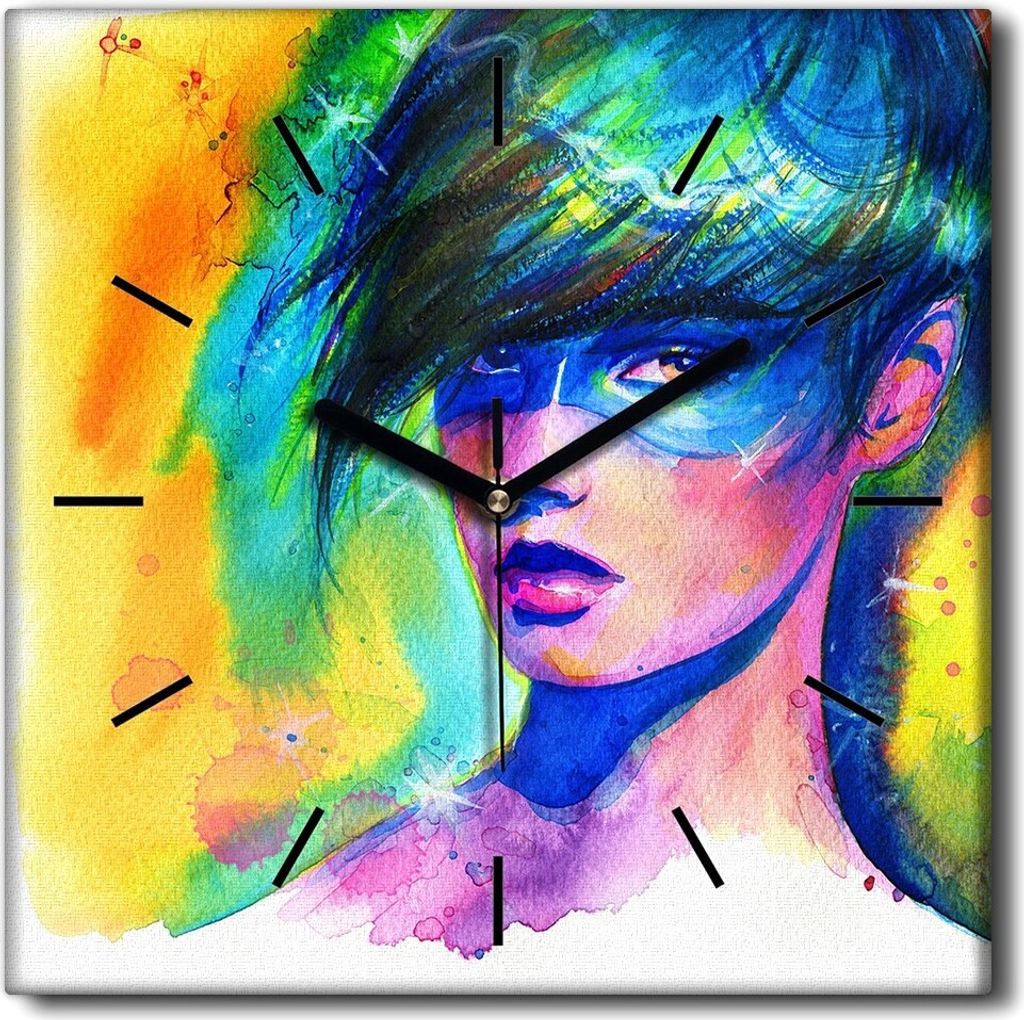 Coloray Uhr auf Leinwand 30x30 cm Wand Uhr Dekoration Wohnzimmer Segeltuch schwarze Hände -Aquarelle Fantasy Kosmos.