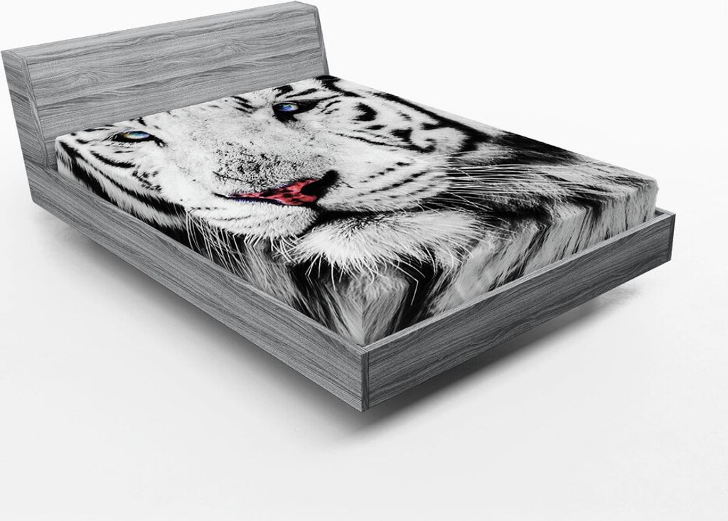 ABAKUHAUS Safari Spannbetttuch, Weißer Tiger Winterzeit Seltenes Tierporträt Mustert Ruhige Edle Fotografie, 135 x 190 cm, Grau Schwarz Weiß