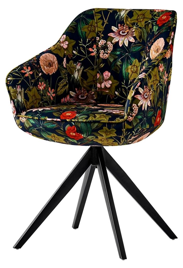 Drehbarer Esszimmerstuhl Pandora – Gepolsterter Schalenstuhl mit Armlehnen, 360° Drehfunktion, Samtstoff im Blumenmuster, modernes Design für E...