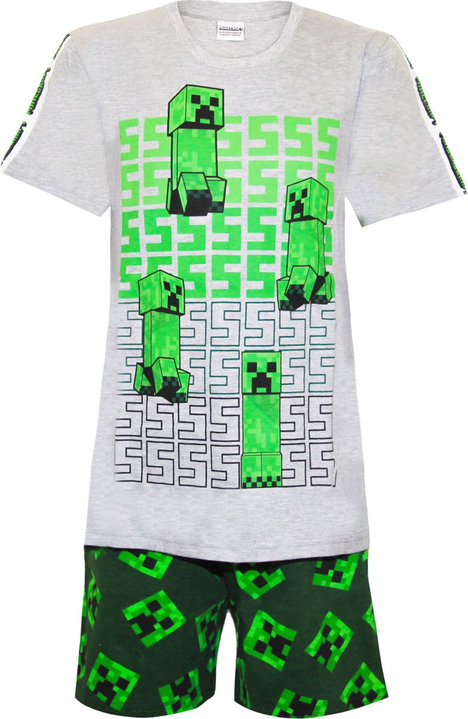 Minecraft - Schlafanzug mit Shorts für Jungen NS6729 (134) (Grau meliert/Grün/Schwarz)