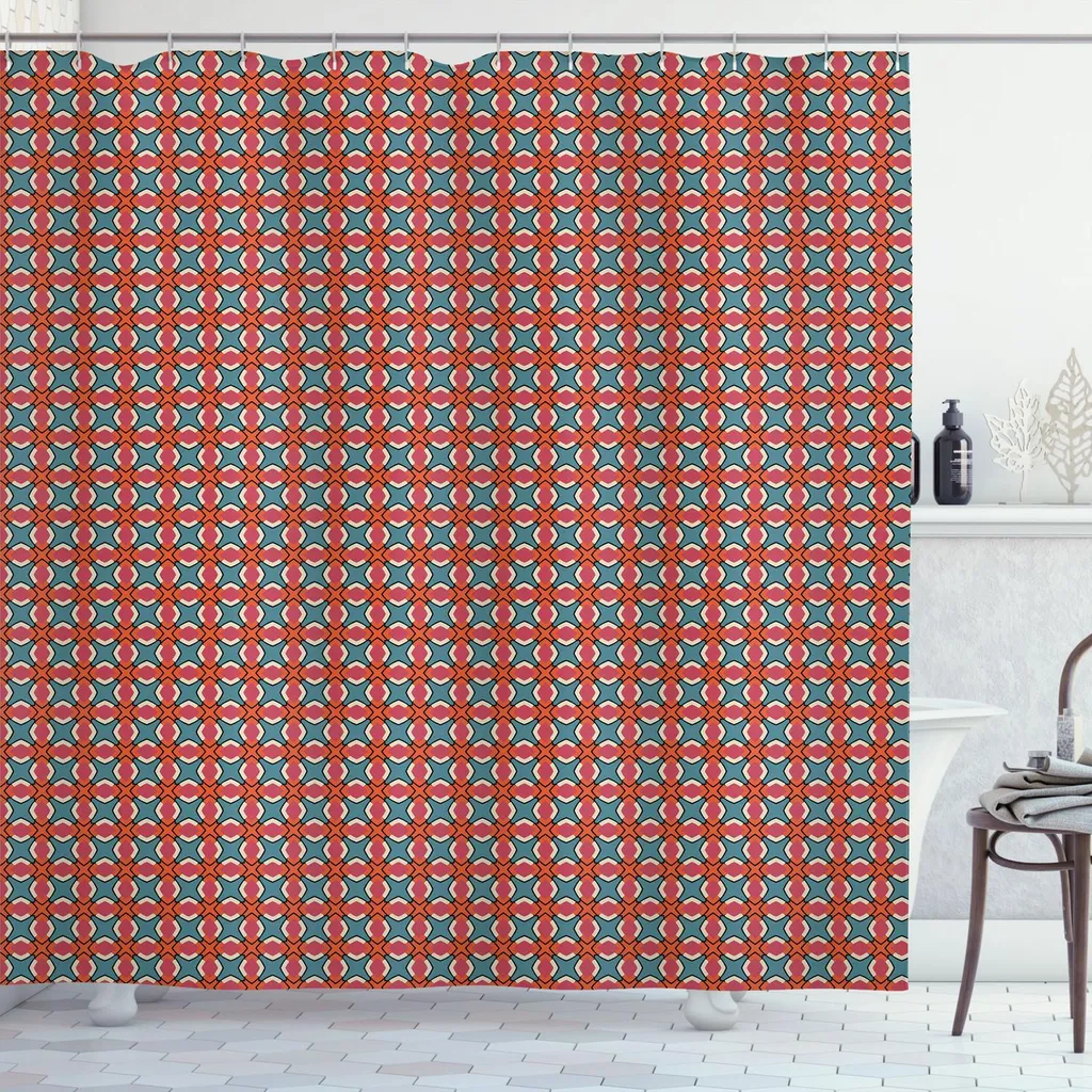 Tenda Doccia Astratta 175x200 ABAKUHAUS - Mosaico Rosa e Stelle Retro