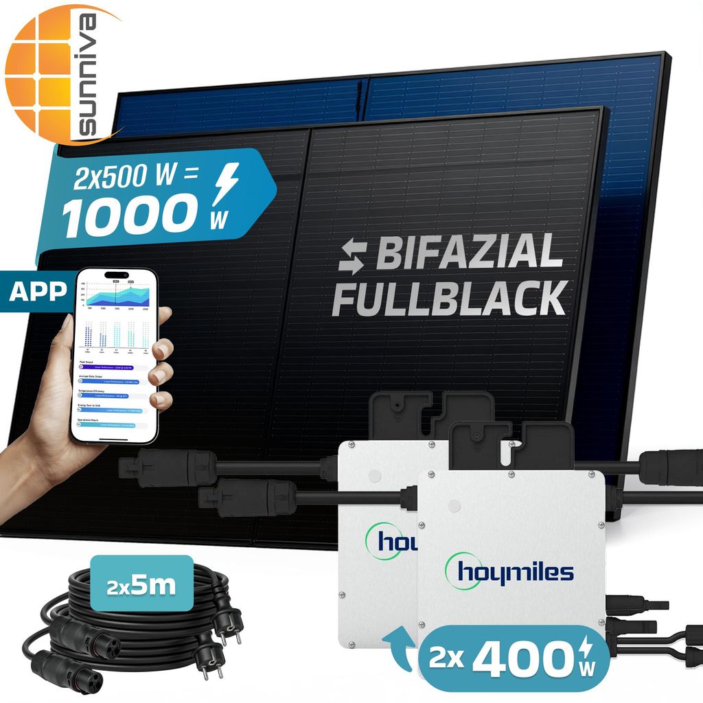 SUNNIVA® 1000W Balkonkraftwerk BIFAZIAL FULLBLACK komplett Produktbild 