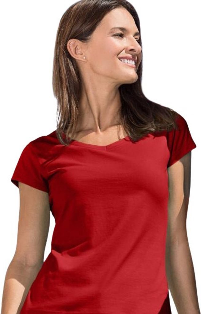 Baumwoll-T-Shirt mit V-Ausschnitt für Damen, 100% Baumwolle, unbedruckt, einfarbig, 180g/m2, Farbe rot, Größe M