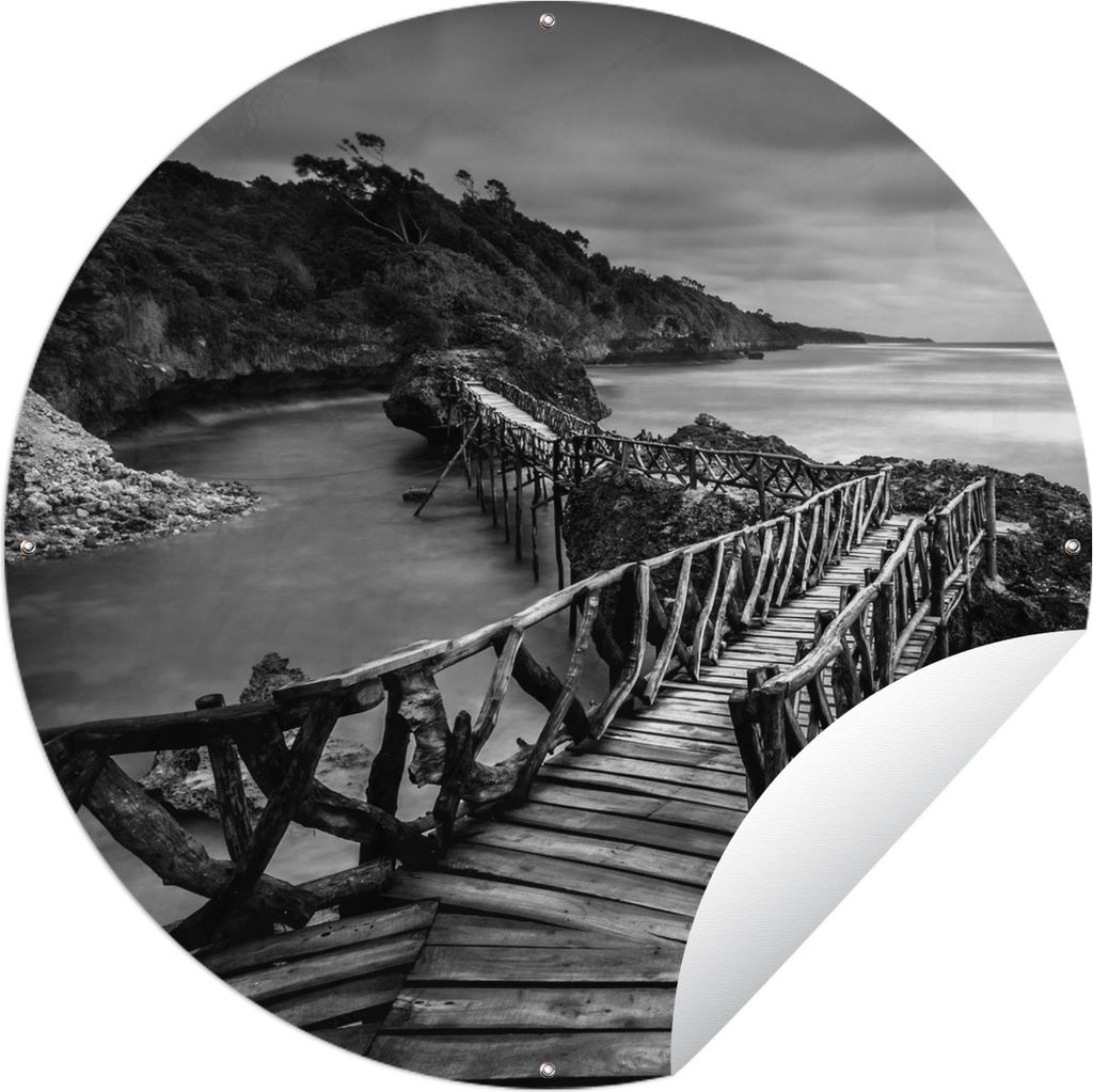 MuchoWow Gartenposter Outdoor-Poster Rund Indonesien - Brücke - Holz - Schwarz und Weiß Ø 60 cm Gartendeko Rundes Poster draußen