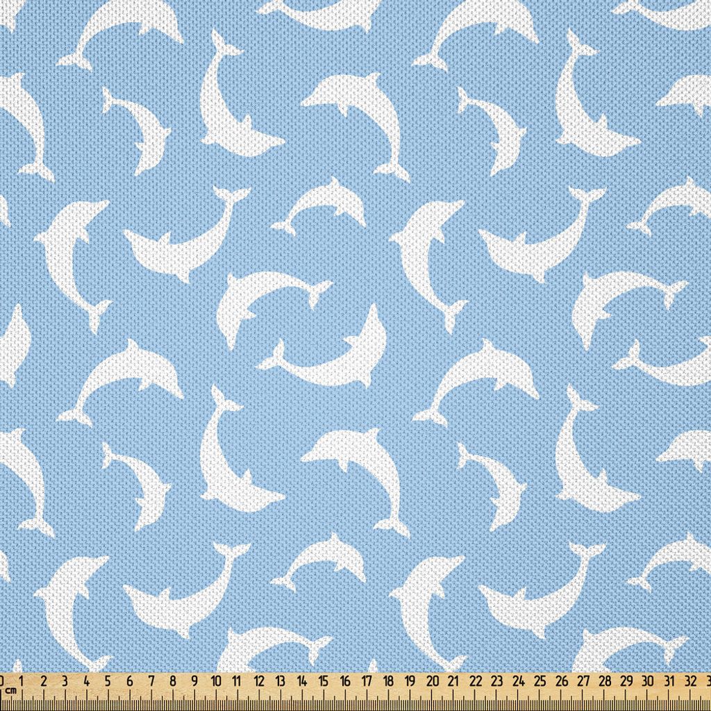 ABAKUHAUS Meerestiere Satin Stoff als Meterware, Muster Mit Delphin Silhouetten Einfache Spaß Kunst Blaue Weiße Ozean Fauna, 1 M (148 x 100 cm), ...