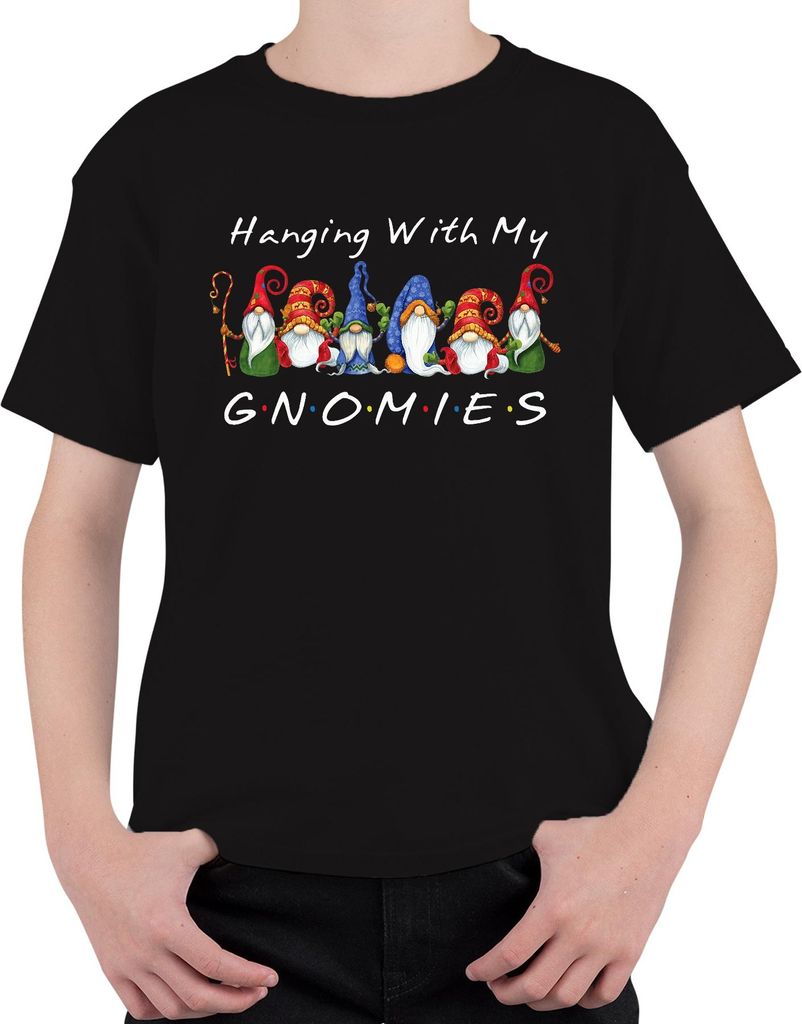 Hanging With My Gnomies Weihnachtsgnome lustig Freunde Uni Kinder T-Shirt, Schwarz, 128