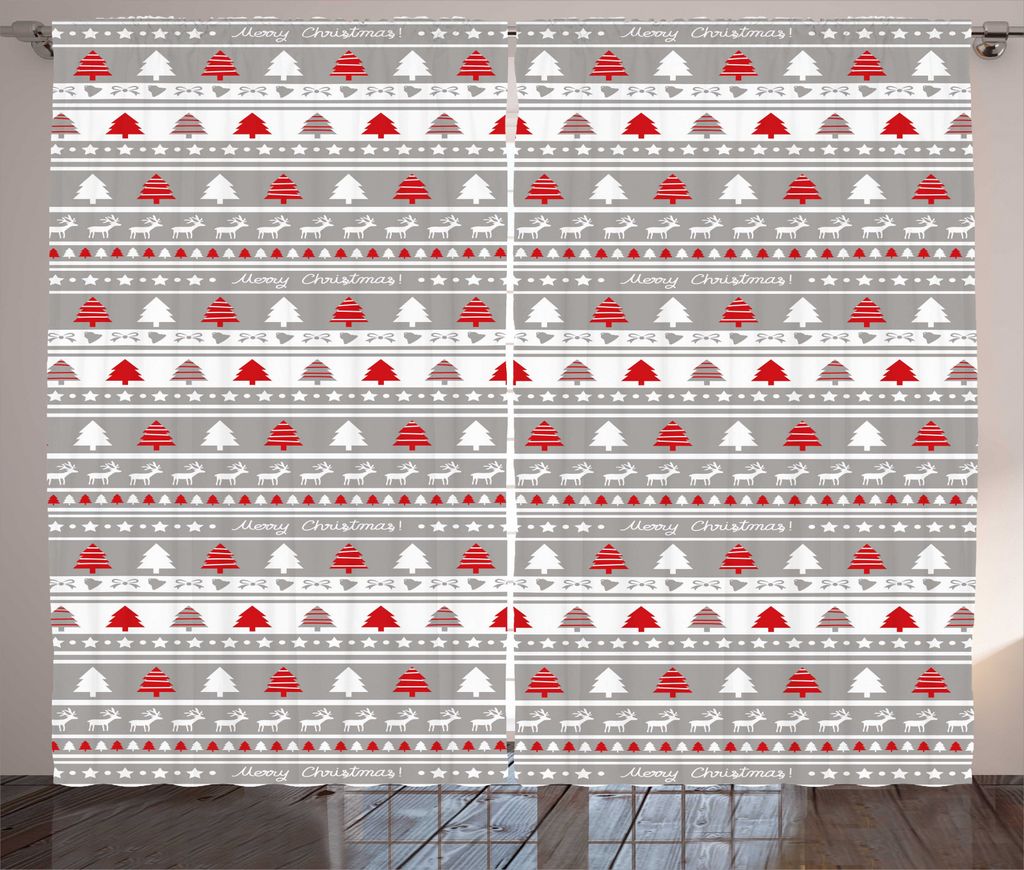ABAKUHAUS Weihnachten Rustikaler Vorhang, Deer Bäume Borders, Wohnzimmer Universalband Gardinen mit Schlaufen und Haken, 280 x 245 cm, Weiß Grau Rot