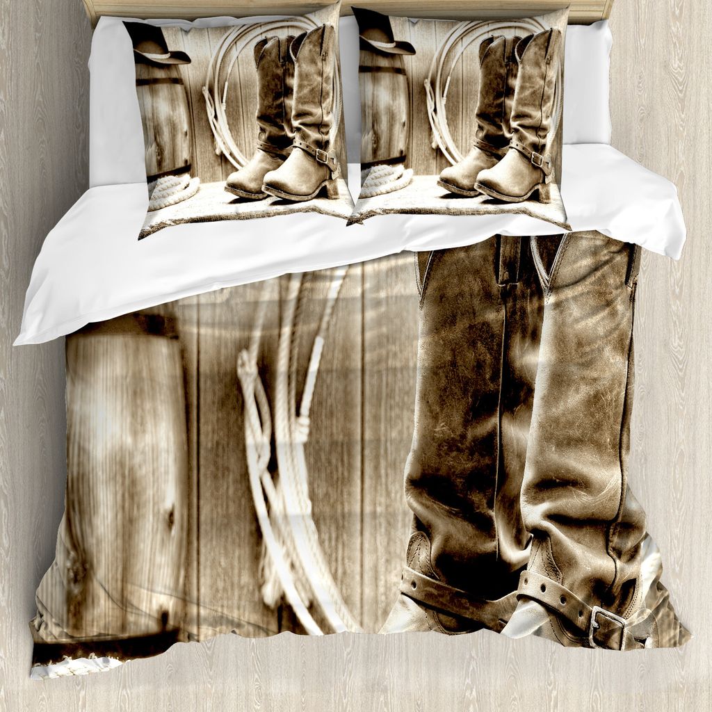 ABAKUHAUS Western Bettbezug, Wilder Weinlese-Rodeo, Milbensicher Allergiker geeignet mit Kissenbezügen, 155 cm x 220 cm - 80 x 80 cm, Sepia und Beige