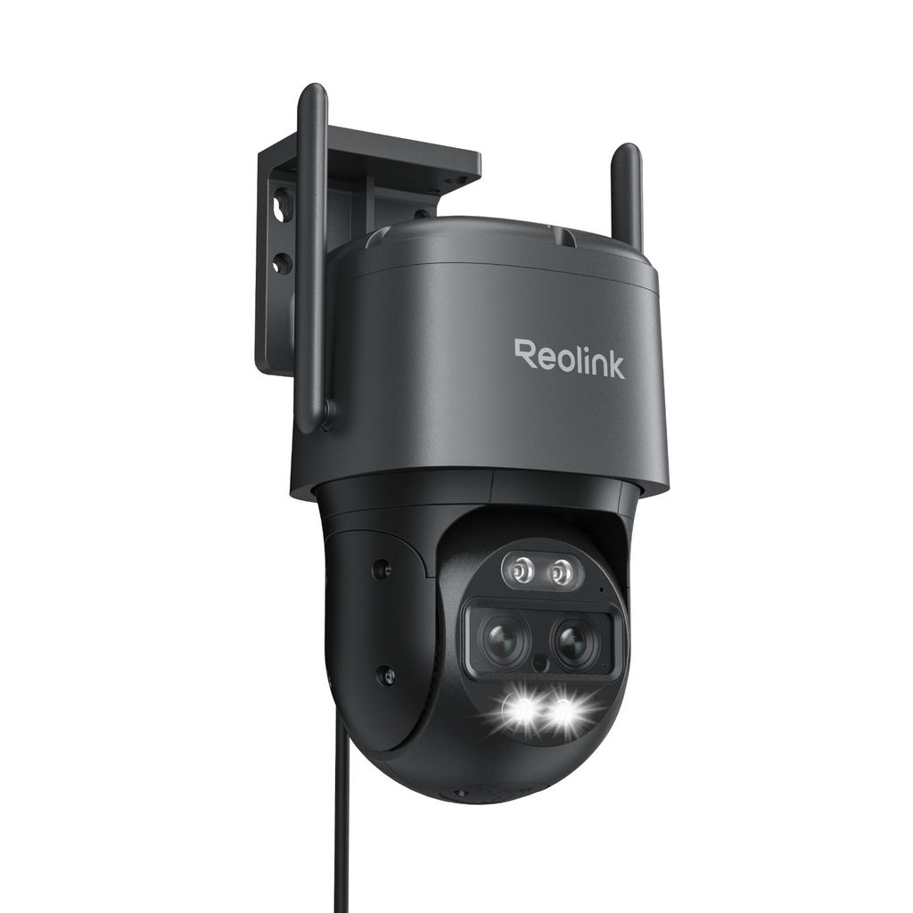 A black Reolink Trackmix WiFi security camera mounted on a bracket against a white background.