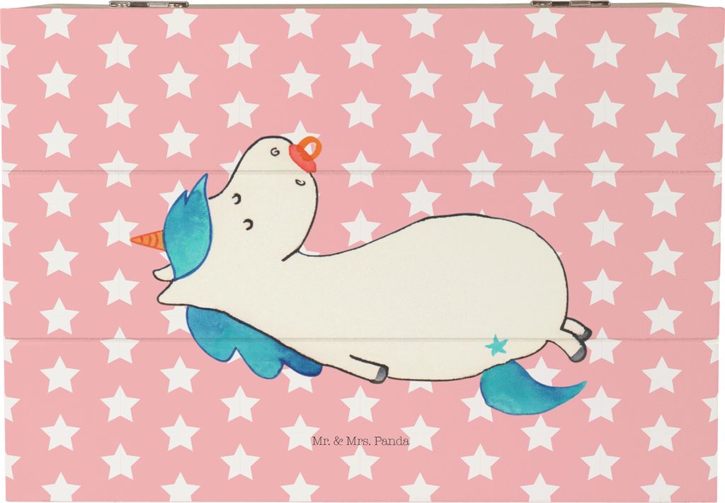 Mr. & Mrs. Panda Box aus Holz Einhorn Schnuller 22 x 15 cm - Rot Pastell - Geschenk, Einhörner, Schatzkiste, Geburtstag, Aufbewahrungsbox, Unicorn...