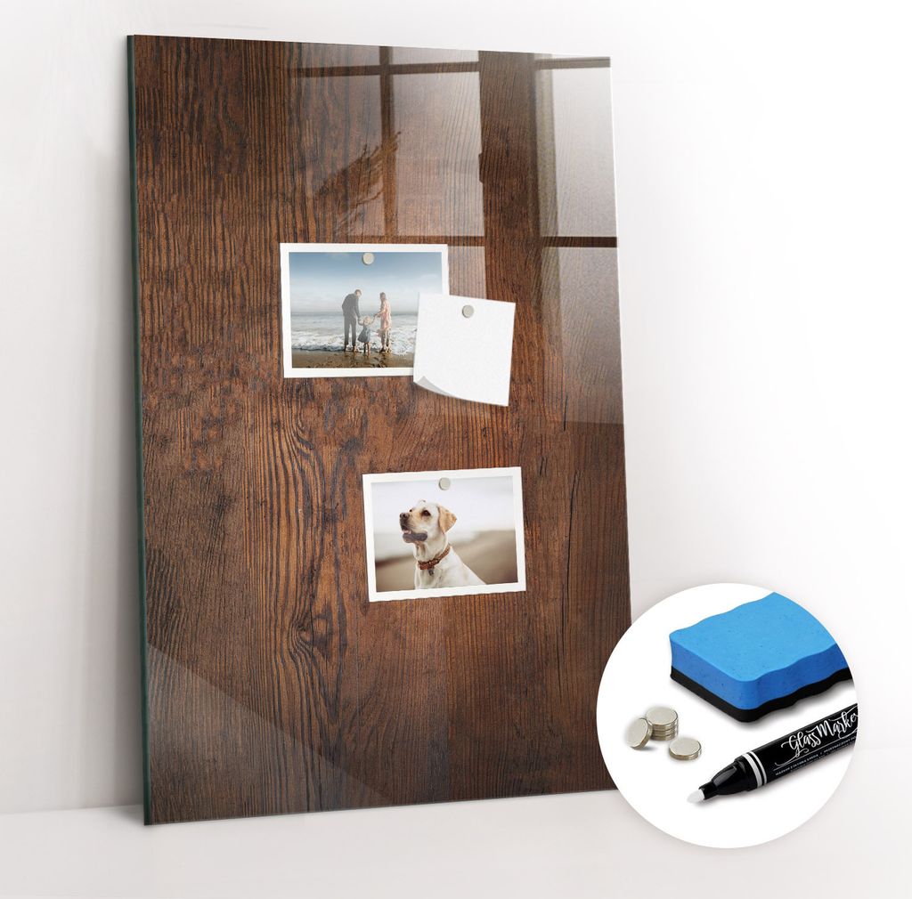 Magnetpinnwand Memoboard - Zubehörsatz - Weißer Marker + Schwamm + Magnete - 40 x 60 cm - Dunkles Holz