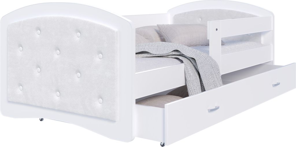 Bett MEGI 80x160 cm Kinderbett Polsterbett mit Schublade Lattenrost Rausfallschutz Jugendbett weiß trinity