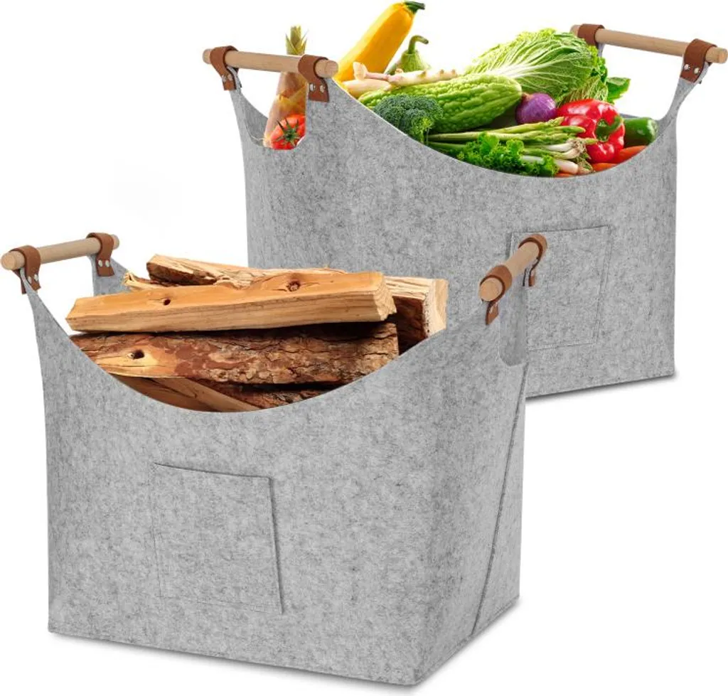 Jayseuw Set 2 Portalegna Feltro Naturale - Cesto con Manici in Legno
