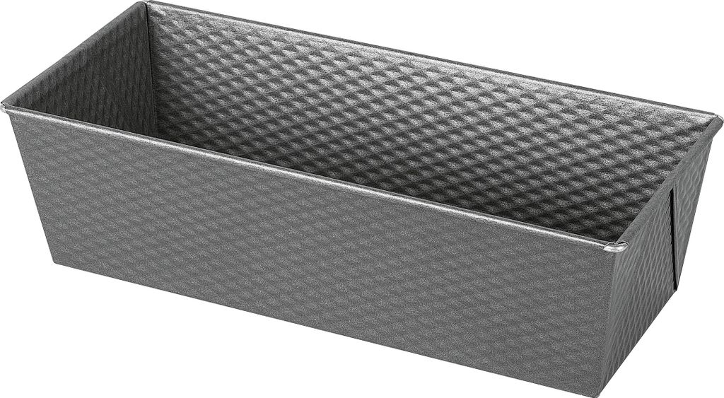 A loaf pan is shown from a slightly elevated side angle against a white background.